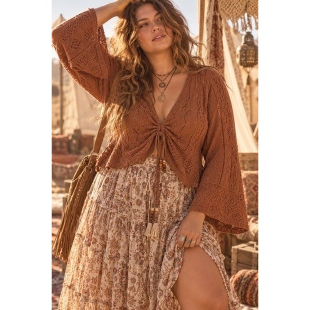 Torrid Pointelle V-Neck Shrug Cappuccino Brown Bell Sleeve Knit Top 1X 14-16 NEW
